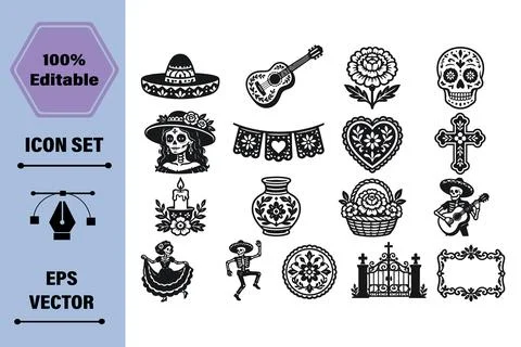 Vector icon set for Day of the Dead celebration with Mexican traditional sy.. Stock Illustration