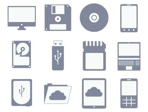 Vector icon set of different storage and computer devices Stock Illustration
