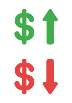 Vector icon set of dollar symbols with arrow moving up and down. Stock Illustration
