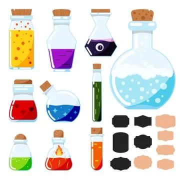 Vector icon set of flat design cartoon style magic potions, glass magical tub Stock Illustration