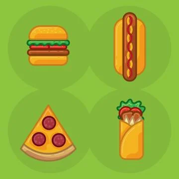 Vector icon set of food fast food pizza, sandwich roll, hamburger, hot dog Stock Illustration