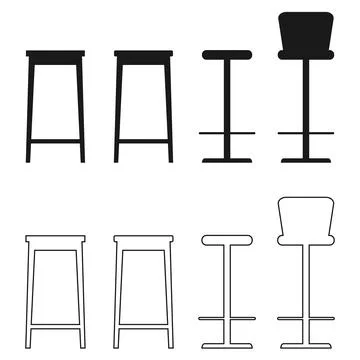 Vector icon set of four bar stools in solid silhouette and outlined structural Stock Illustration