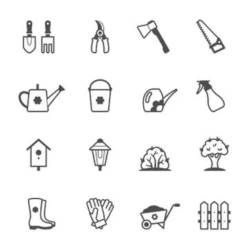 Vector icon set of garden tools and accessories Stock Illustration