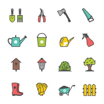 Vector icon set of garden tools and accessories Stock Illustration