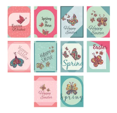 Vector icon set of greeting cards with easter and spring messages Stock Illustration