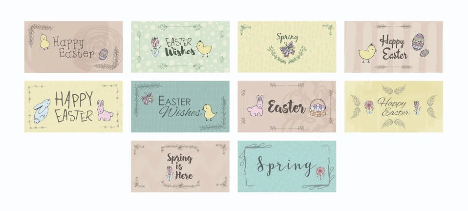 Vector icon set of greeting cards with easter and spring messages Stock Illustration