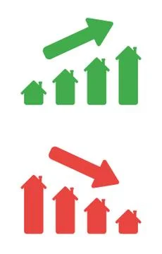Vector icon set of house graphs up and down. Illustrazione stock