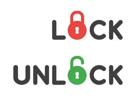 Vector icon set of lock and unlock texts with closed and opened padlocks. Illustrazione stock