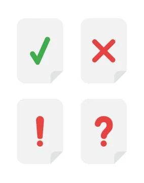 Vector icon set of papers with check mark, x mark, exclamation mark and quest Stock Illustration