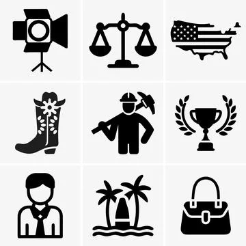 This vector icon set presents various topics including film production lighti Stock Illustration