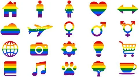 Vector icon set with rainbow flag pattern representing LGBTQ pride and dive.. Illustrazione stock