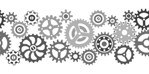Vector icon set. Seamless banner. Silhouette image of seample mechanisms, wheels Stock Illustration