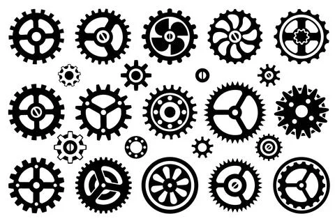 Vector icon set. Silhouette image of seample mechanisms, wheels and gears Stock Illustration
