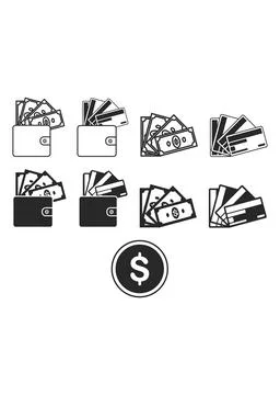 Vector Icon Set of Wallets Cash Bills Credit Cards and Dollar Coin Symbols Stock Illustration