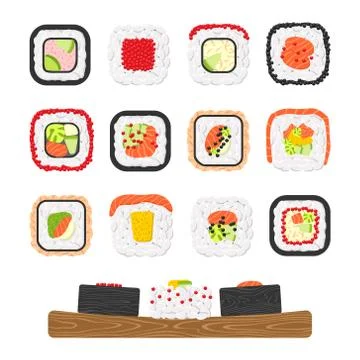 Vector icon set of yummy colored sushi rolls Stock Illustration