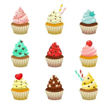 Vector icon set of yummy colored cupcakes Stock Illustration