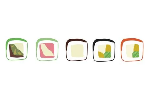 Vector icon set of yummy colored sushi rolls. Collection of different flavour Stock Illustration