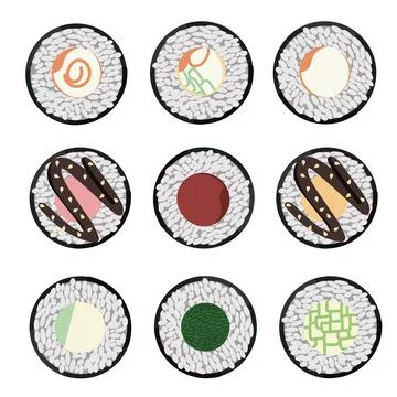 Vector icon set of yummy colored sushi rolls. Collection of different flavo.. Illustrazione stock