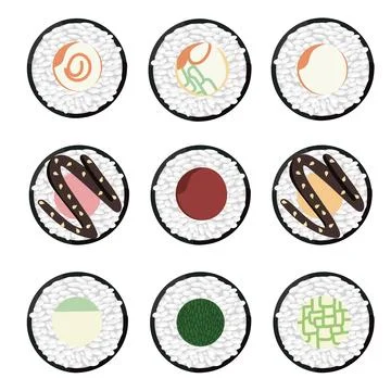 Vector icon set of yummy colored sushi rolls. Collection of different flavo.. Illustrazione stock