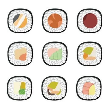 Vector icon set of yummy colored sushi rolls. Collection of different flavour Stock Illustration
