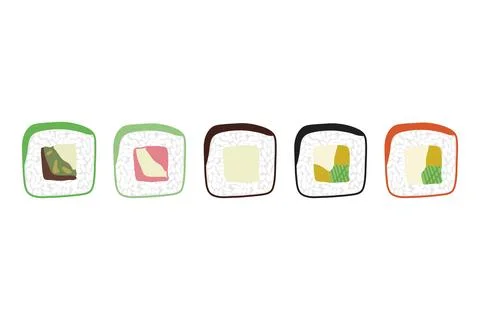 Vector icon set of yummy colored sushi rolls. Collection of different flavour Stock Illustration