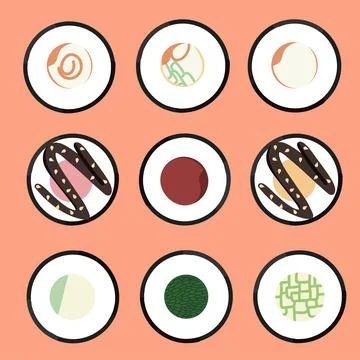 Vector icon set of yummy colored sushi rolls. Stock Illustration