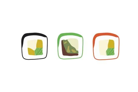 Vector icon set of yummy colored sushi rolls. Collection of different flavour Stock Illustration