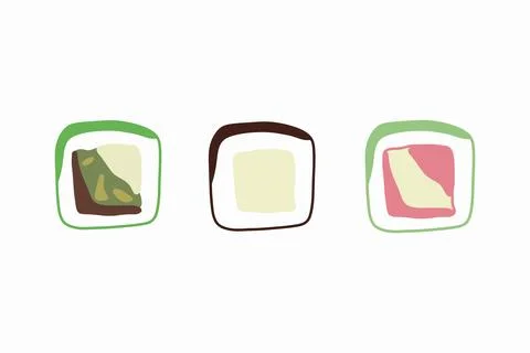 Vector icon set of yummy colored sushi rolls. Collection of different flavour Stock Illustration