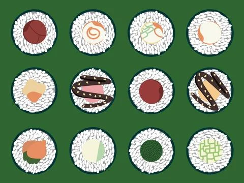 Vector icon set of yummy colored sushi rolls. Collection of different flavour Stock Illustration