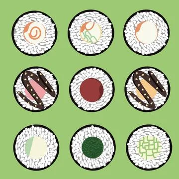 Vector icon set of yummy colored sushi rolls. Collection of different flavour Stock Illustration