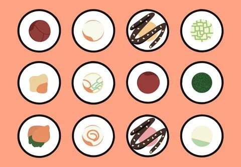 Vector icon set of yummy colored sushi rolls. Collection of different flavo.. Stock Illustration