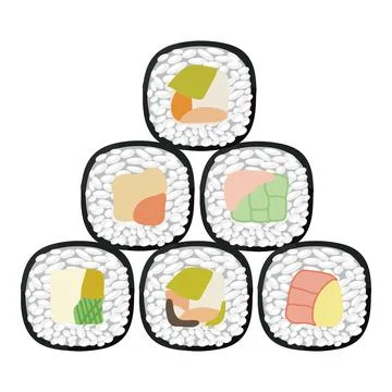 Vector icon set of yummy colored sushi rolls. Collection of different flavo.. Stock Illustration