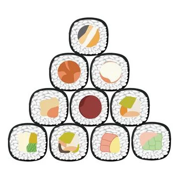 Vector icon set of yummy colored sushi rolls. Collection of different flavour Stock Illustration