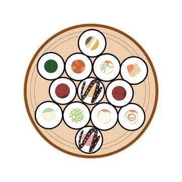Vector icon set of yummy colored sushi rolls. Collection of different flavour Illustrazione stock