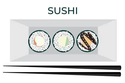 Vector icon set of yummy colored sushi rolls. Collection of different flavour Stock Illustration