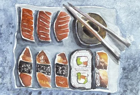 Vector icon set of yummy colored sushi rolls. Collection of different flavours Stock Illustration