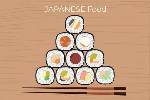 Vector icon set of yummy colored sushi rolls. Collection of different flavo.. Stock Illustration