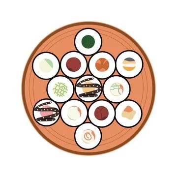Vector icon set of yummy colored sushi rolls. Traditional Japanese food. Stock Illustration