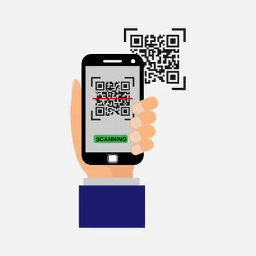 Vector icon. The smartphone in your hand scans the QR code. Simple design for Stock Illustration