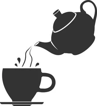 Vector icon of a teapot that pours tea with splashes into a cup. Stock Illustration