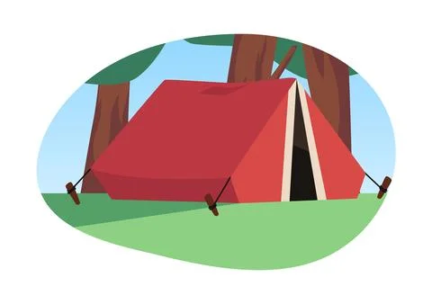 Vector icon of a triangular red tent on a background of sky and trees on a white 库存插图