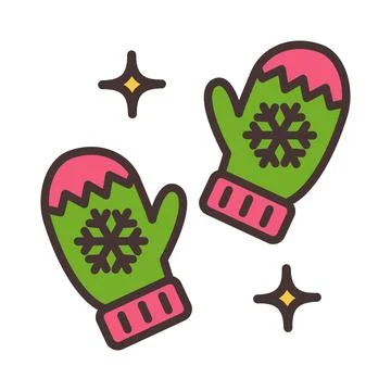 Vector icon of warm mittens with snowflakes on a white background Stock Illustration