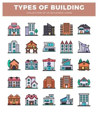 Vector icons of 25 building types displayed in a grid on a white background Stock Illustration