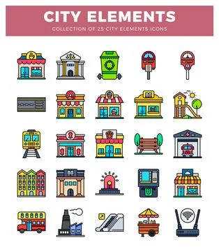 Vector icons of 25 city elements. flat design. with clean lines and bright .. Stock Illustration
