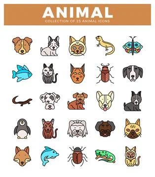 Vector icons of 25 different animals and pets displayed on a white background Illustrazione stock