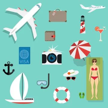 Vector icons and concepts in flat style - travel and vacation Stock Illustration