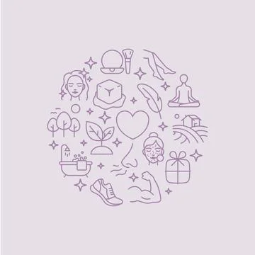 Vector Icons Arranged in a Circle Representing Self-Care Themes Including Hair Stock Illustration