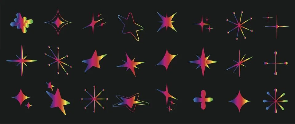 Vector icons on a black background. Collection of abstract stars in bright Illustrazione stock