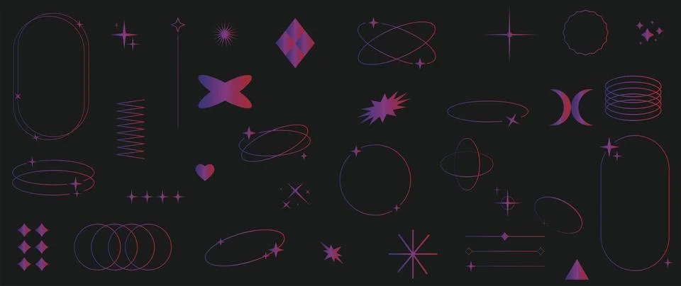 Vector icons on a black background. A collection of abstract shapes in a bright Illustrazione stock