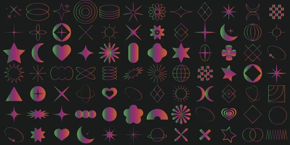 Vector icons on a black background. A collection of abstract shapes in a bright Illustrazione stock